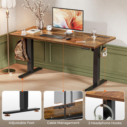 Huuger 55 x 28 Large Electric Standing Desk, Height Adjustable Computer Desk, 27.6" Deep Desktop, Stand up Gaming Office Table with 2 Hooks, 3 Preset Heights, for Home Office, Black