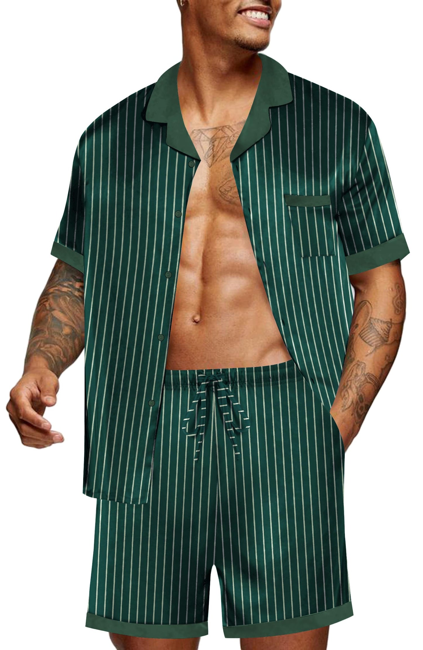 Ekouaer Men Satin Silk Pajamas Set with Pockets Sleepwear Shorts Satin Summer Loungewear 2 Piece Button Down Set S-3XL