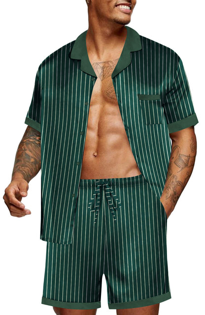 Ekouaer Men Satin Silk Pajamas Set with Pockets Sleepwear Shorts Satin Summer Loungewear 2 Piece Button Down Set S-3XL