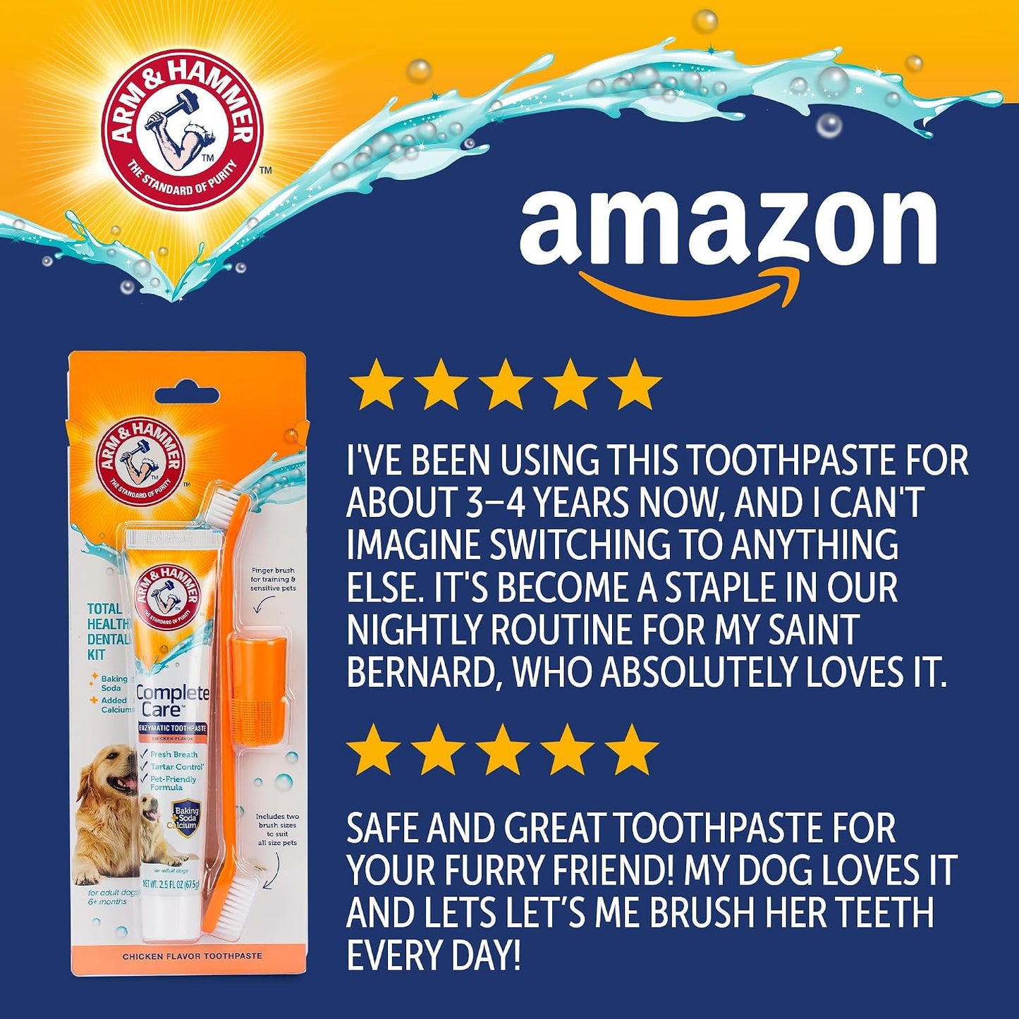 Arm & Hammer Complete Care Dog Dental Kit with Enzymatic Dog Toothpaste, Toothbrush and Finger Brush, Baking Soda and Calcium Formula for Plaque Tartar Control, Chicken Flavor, 2.5 Oz