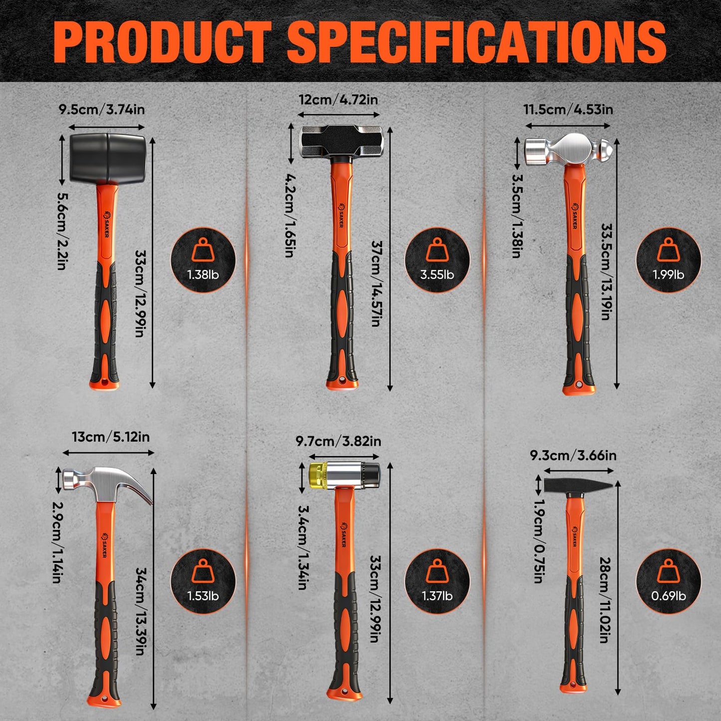 Saker 5-Piece Hammer Set,3lb Sledge Hammer,16oz Rubber Mallet, 16oz Ball Peen Hammer & Claw Hammer, 7oz Cross Peen Hammer for Home Repair & DIY Projects
