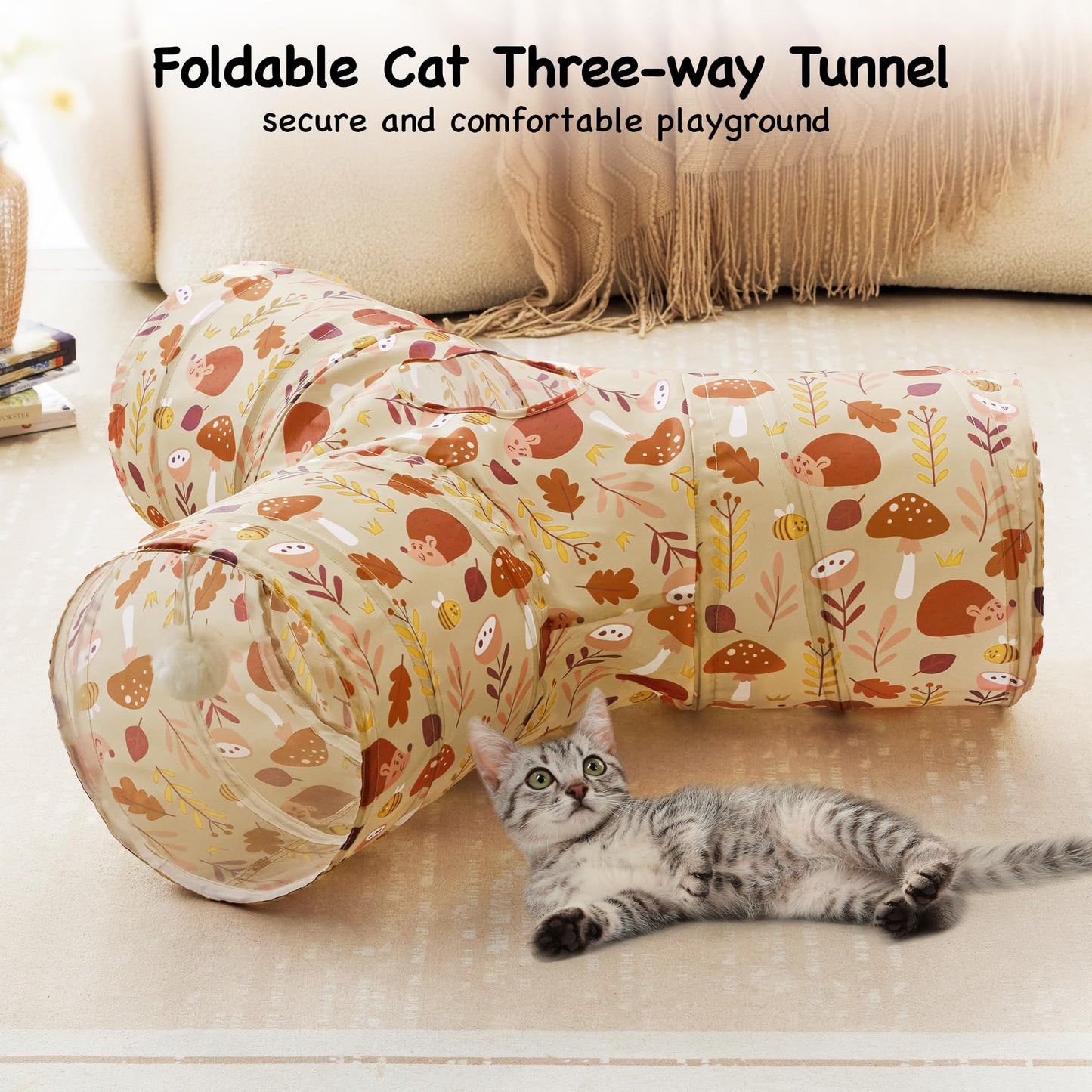 Tempcore Pet Cat Tunnel Tube Toys 3 Way Collapsible, Tunnels for Indoor Cats, Interactive Tube with Teaser Wand, Peek Holes & Hanging Ball, Black & Blue