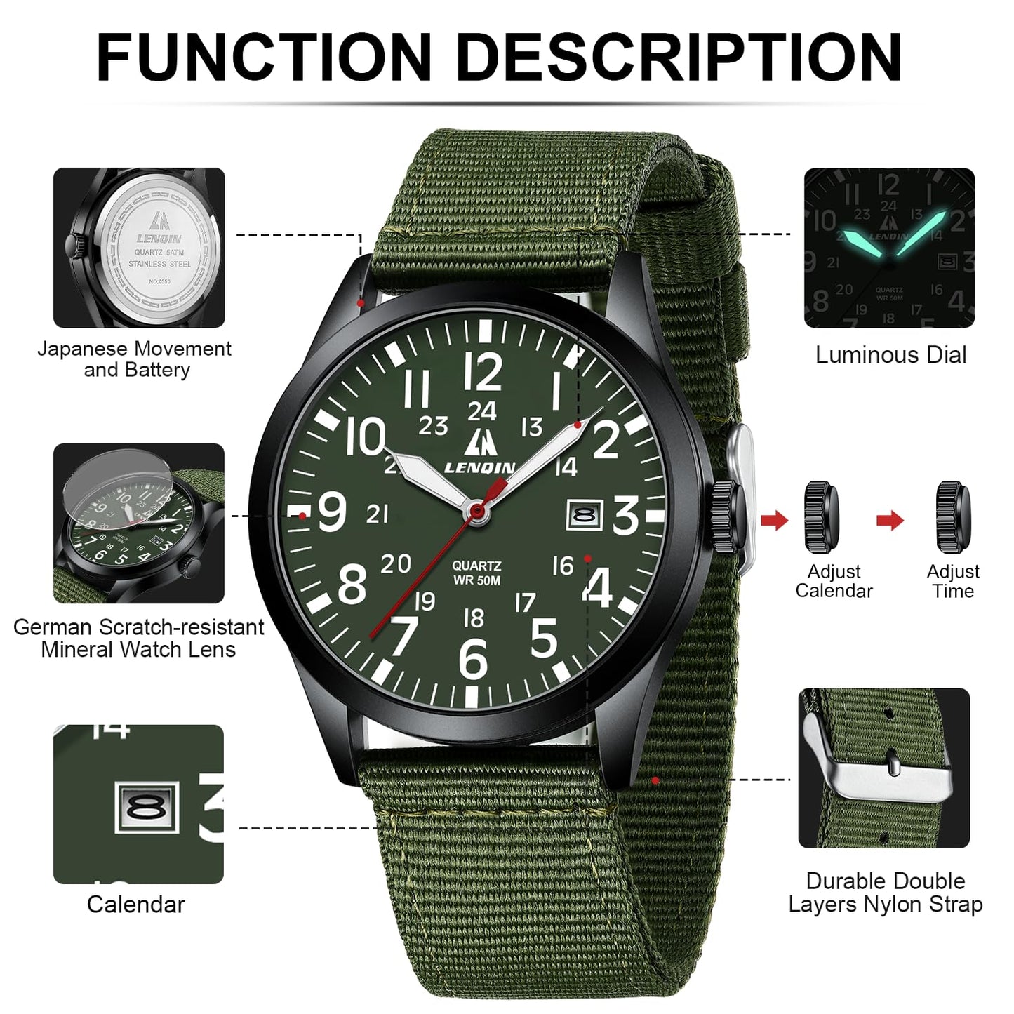 LN LENQIN Mens Watches Unisex Military Sport Nylon Strap Stylish Luminous Fashion Analog Quartz Watch for Men Waterproof Army Tactical Casual Wristwatch