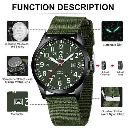 LN LENQIN Mens Watches Unisex Military Sport Nylon Strap Stylish Luminous Fashion Analog Quartz Watch for Men Waterproof Army Tactical Casual Wristwatch