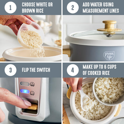 GreenLife Rice Cooker with Removable PFAS-Free Ceramic Nonstick Pot, 3-Cups Uncooked/6-Cups Cooked, Grains & Oatmeal Multicooker, Compact One-Switch Design, Auto Keep Warm, Easy Clean, Cream