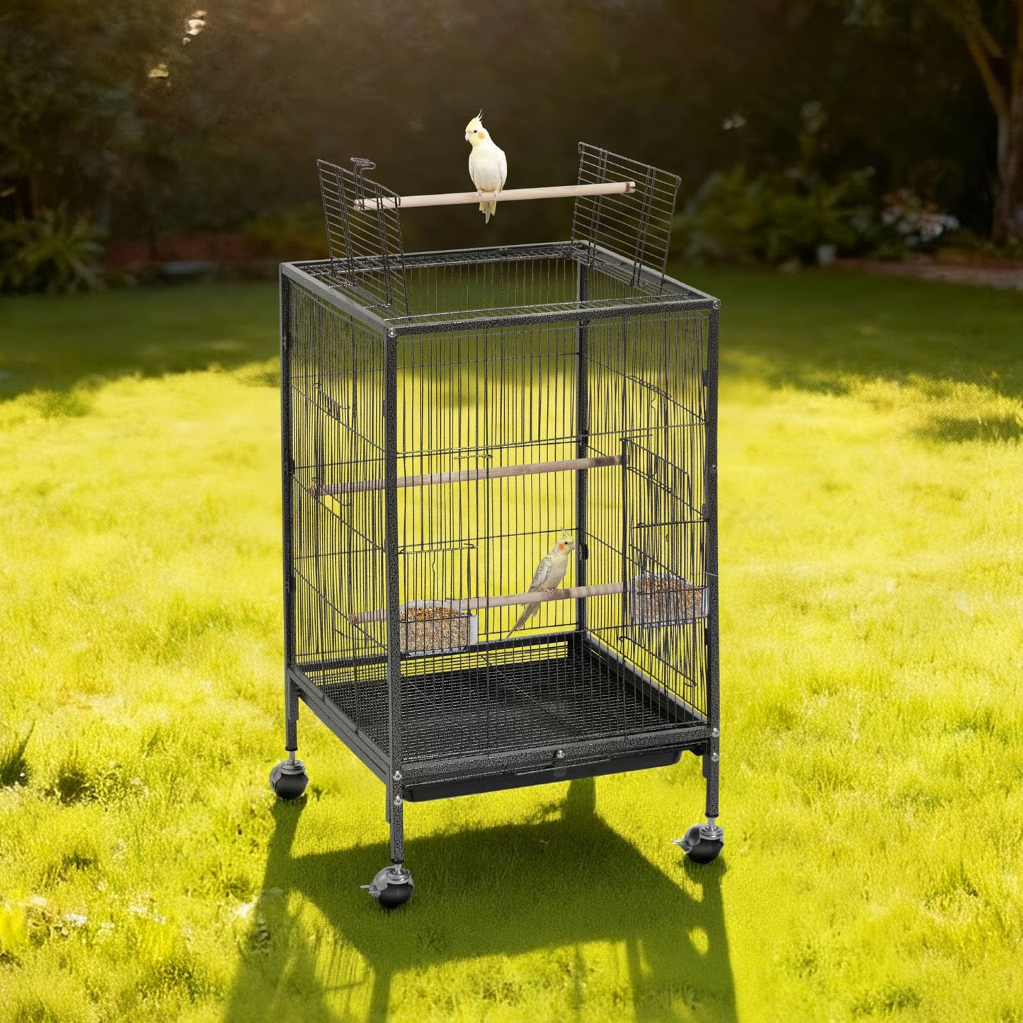 VEVOR Bird Cage, 24.6 x 16.7 x 53.9 inch, Flat Top, Wrought Iron Bird Flight Cage with Perches, Slide-Out Tray and Plastic Feeders, Casters, for Parrot, Blue Tit, Cockatiel, Canary, Budgerigar, Conure