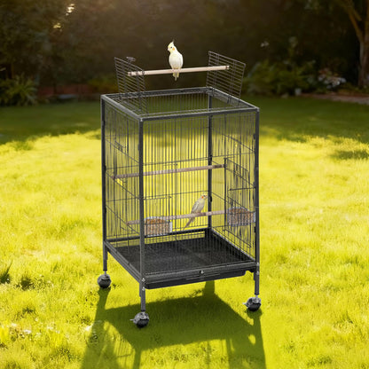 VEVOR Bird Cage, 24.6 x 16.7 x 53.9 inch, Flat Top, Wrought Iron Bird Flight Cage with Perches, Slide-Out Tray and Plastic Feeders, Casters, for Parrot, Blue Tit, Cockatiel, Canary, Budgerigar, Conure
