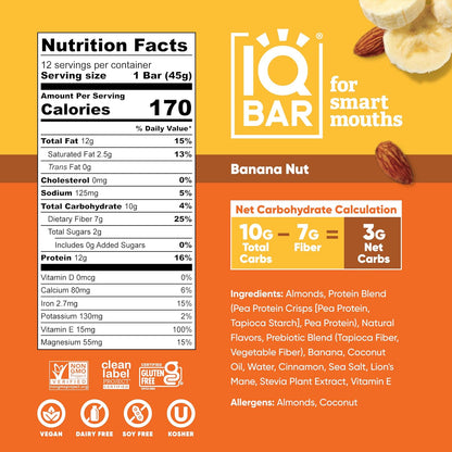 IQBAR Clean Plant Protein Bars, Almond Butter Chip 12-Count | Protein Snack | High Fiber, High Protein, Low Sugar, Clean Label Project Certified | Gluten Free, Dairy Free, Vegan, Keto, Soy Free
