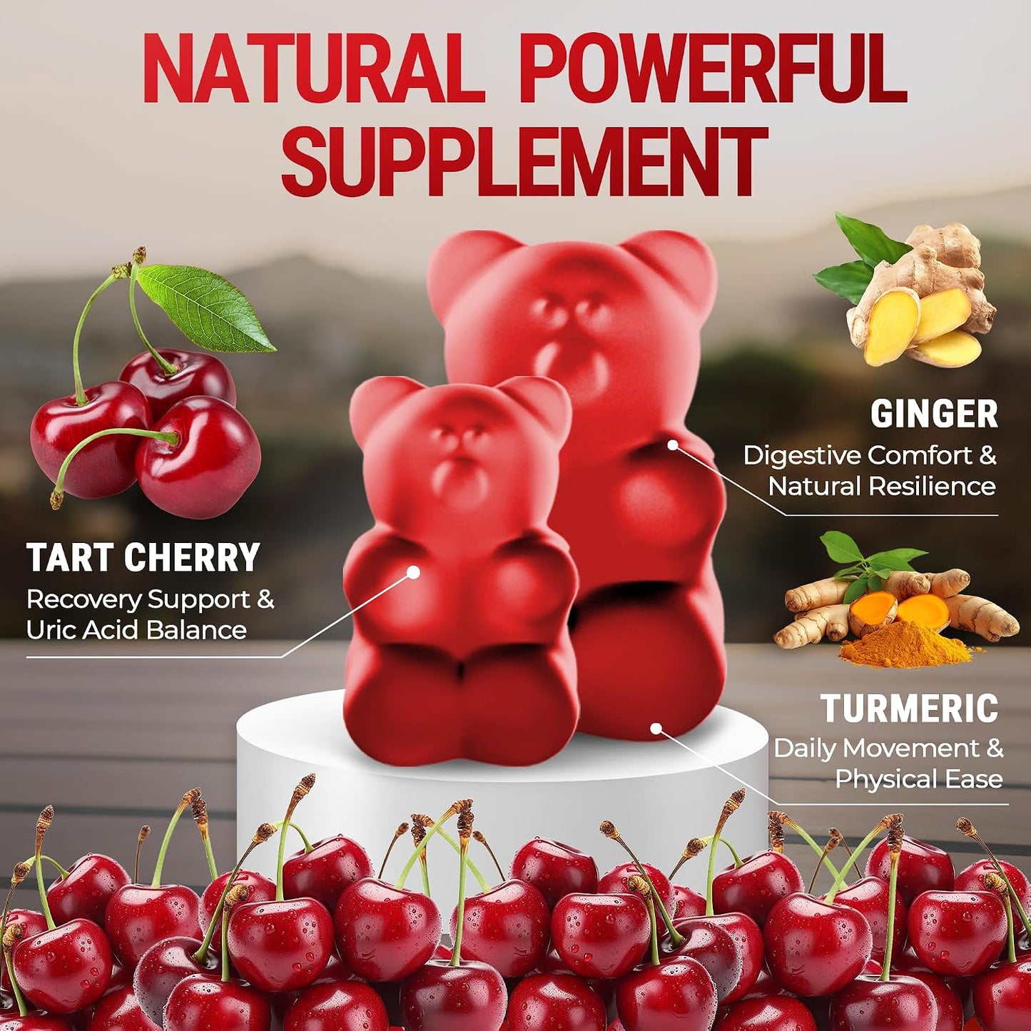 KEY ELEMENTS [Ultra Strength] Tart Cherry Gummies Extract with Turmeric & Ginger - Natural Tart Cherry Supplement for Uric Acid Cleanse Support & Recovery Gummies