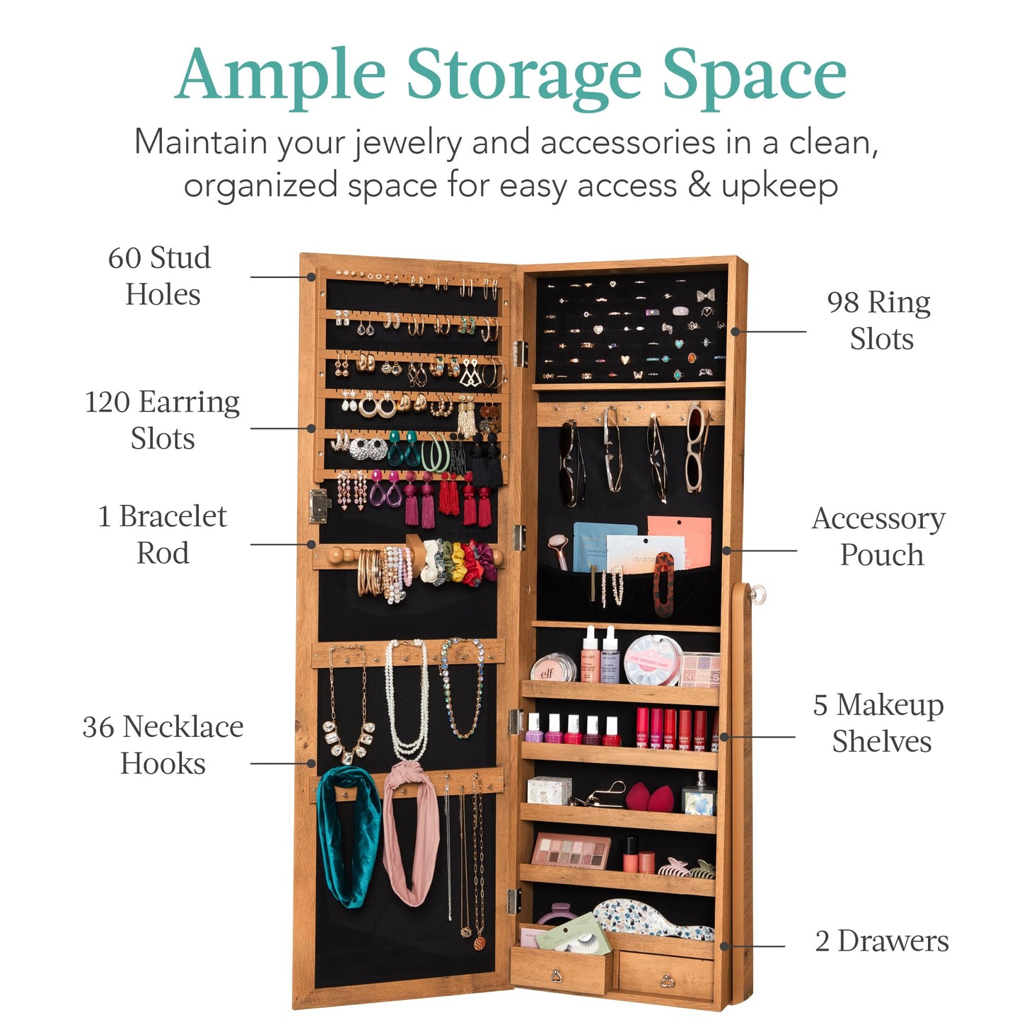 Best Choice Products Freestanding Jewelry Armoire Cabinet, Full Length Standing Mirror, Lockable Makeup Storage Organizer, w/Velvet Lining, 3 Angles, Lock, Accessory Pouch, 5 Shelves - White