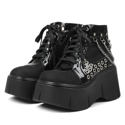 Women's Black Platform Boots Wedge Goth Round Toe Lace Up Chain Mesh Punk Combat Ankle Booties