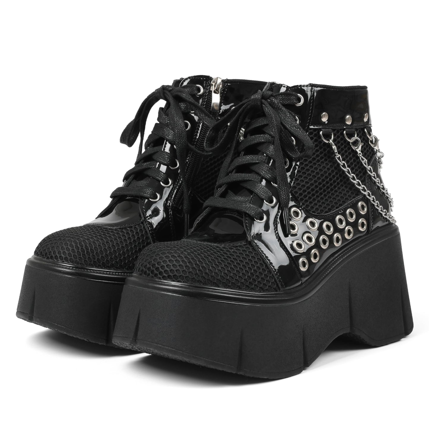 Women's Black Platform Boots Wedge Goth Round Toe Lace Up Chain Mesh Punk Combat Ankle Booties