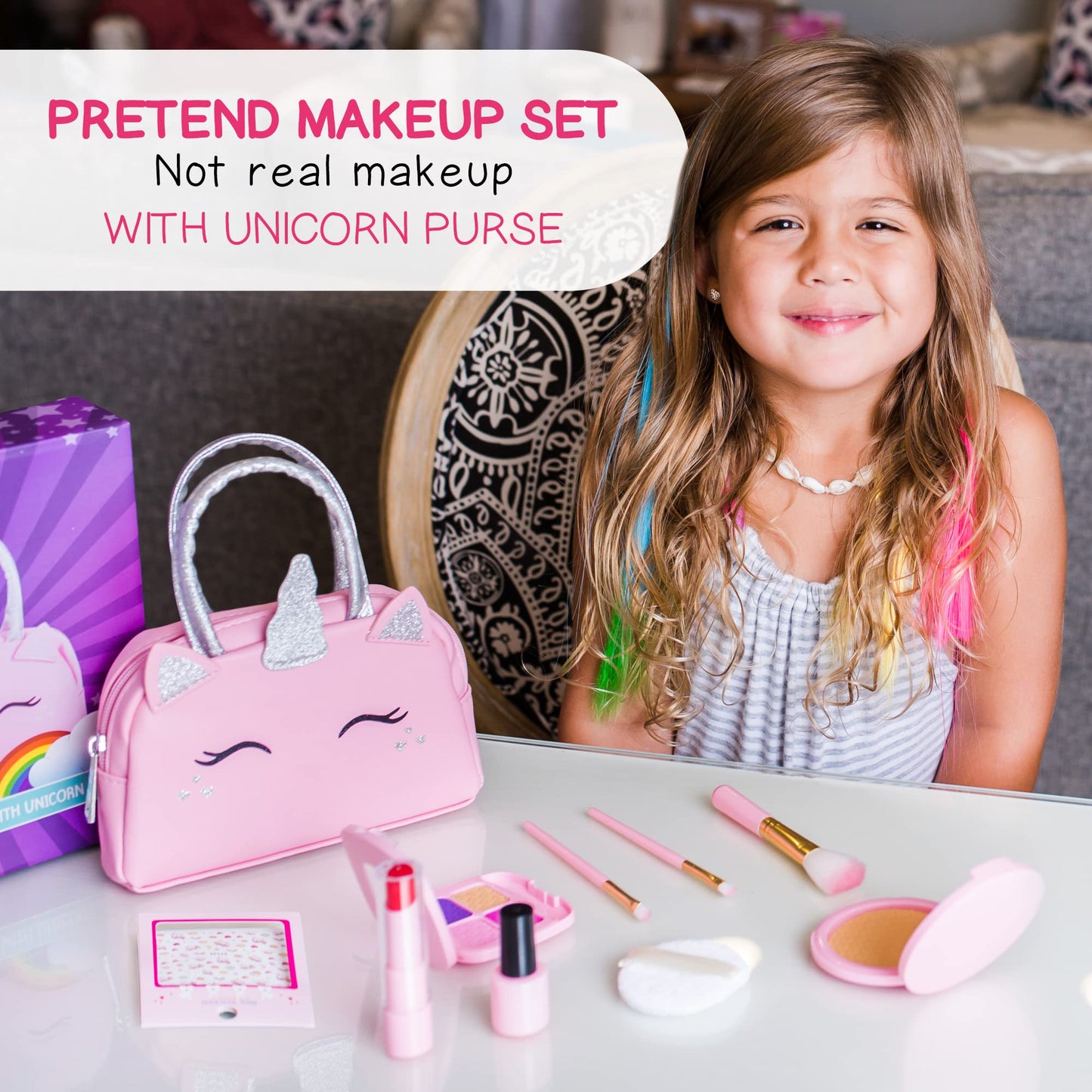 Kids Real Makeup Kit with Pink Unicorn Purse, Non Toxic Washable Make Up Set - Unicorn Toys for Girls Age 4-6, 5 Year Old Girl Birthday Gift Ideas, Toddler Little Girl Gifts 3 4 5 6 7 8 9 10 Years Old