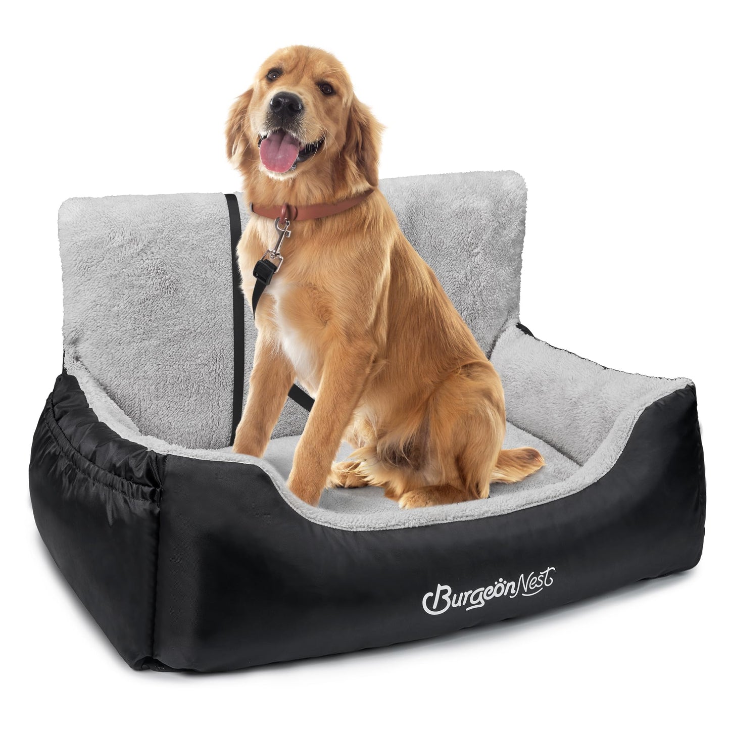 BurgeonNest Dog Car Seat for Small Dogs, Soft Pet Car Travel Home Bed Under 25 lbs, Fully Detachable and Washable Cat Booster Carseats with Storage Pockets and Clip-On Leash Portable Carrier,Black