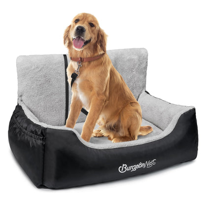 BurgeonNest Dog Car Seat for Small Dogs, Soft Pet Car Travel Home Bed Under 25 lbs, Fully Detachable and Washable Cat Booster Carseats with Storage Pockets and Clip-On Leash Portable Carrier,Black