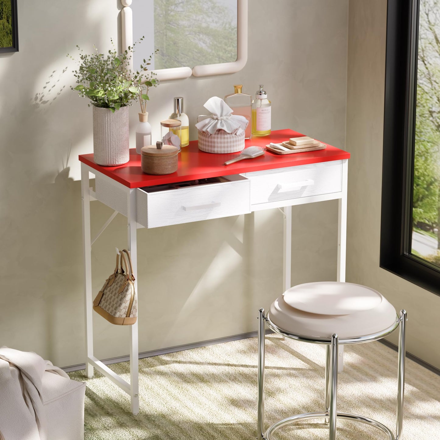 Pamray 32 Inch Small Computer Desk with 2 Drawers for Bedroom Study Writing Home Office Table for Small Spaces White