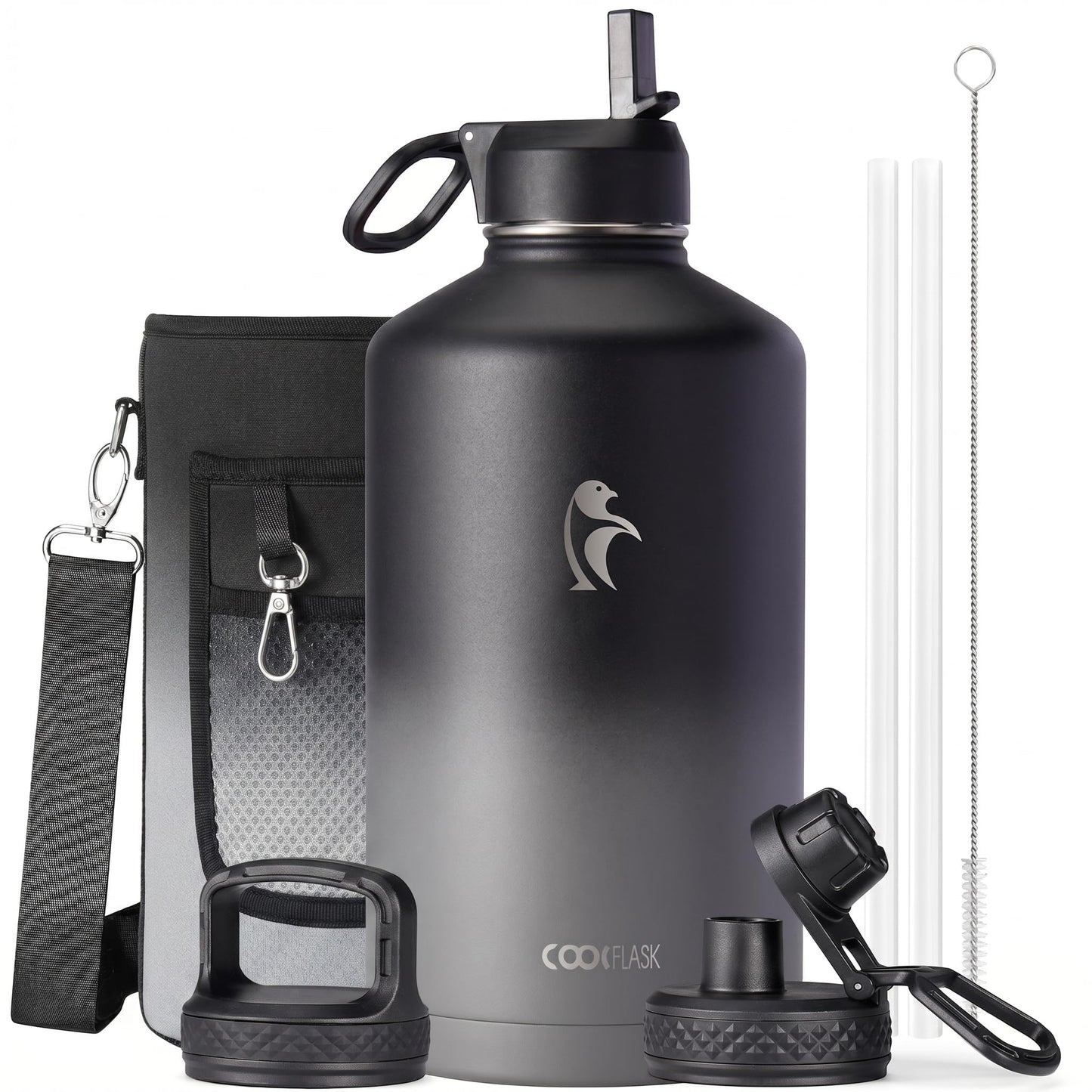 Half Gallon Water Bottle Insulated with Straw & 3 Lids, Coolflask 64 oz Water Jug Large Metal Stainless Steel Wide Mouth for Sports, Gym or Office, Non-BPA Keep Cold 48H Hot 24H, Samurai Cyan