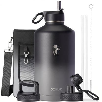 Half Gallon Water Bottle Insulated with Straw & 3 Lids, Coolflask 64 oz Water Jug Large Metal Stainless Steel Wide Mouth for Sports, Gym or Office, Non-BPA Keep Cold 48H Hot 24H, Samurai Cyan
