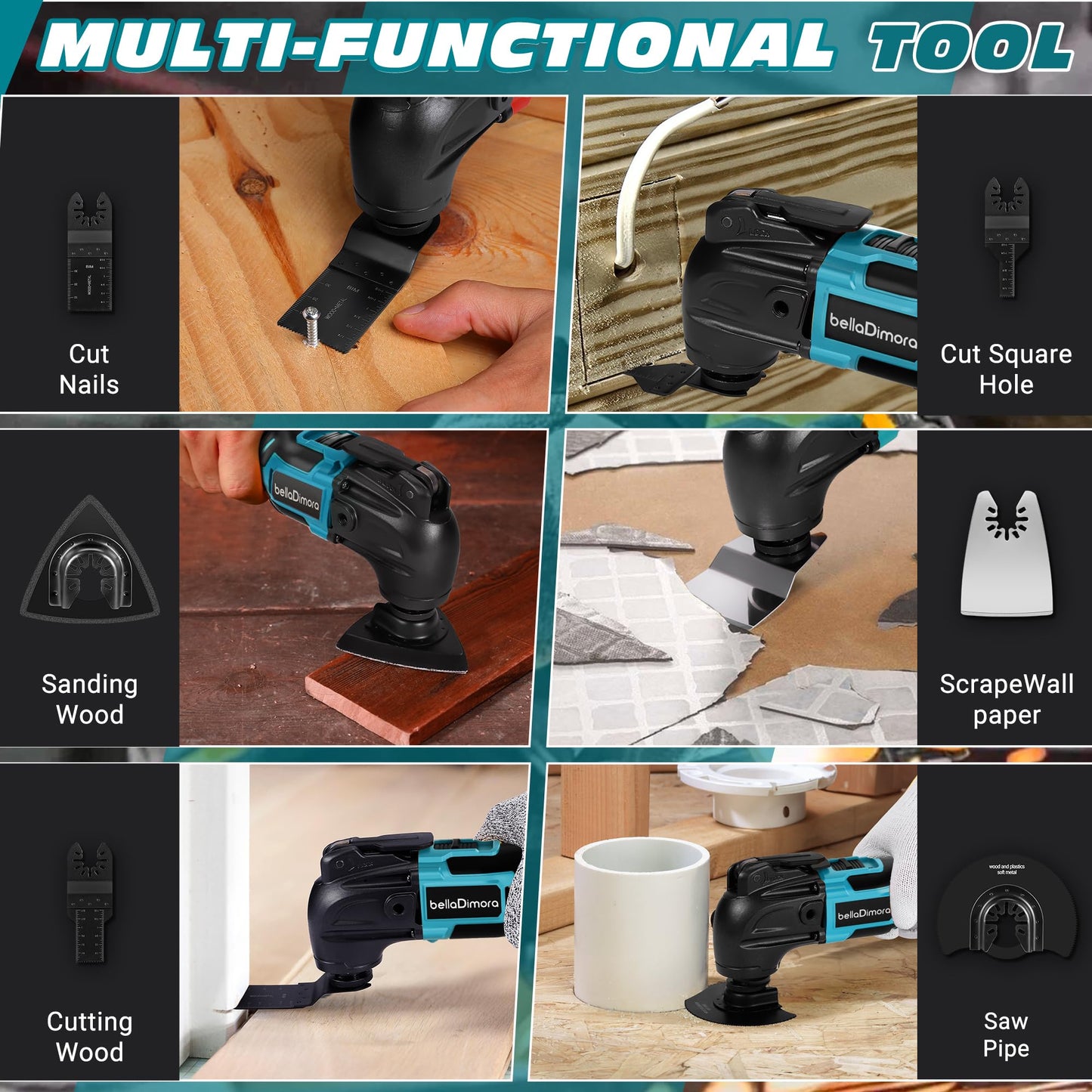 bellaDimora Oscillating Multi-Tool Compatible with DeWalt 20V MAX, 600W Brushless Motor (6000-20000 OPM), 23-Piece Accessory Kit for Cutting Sanding Scraping, Heavy-Duty Power Tool(No Battery)