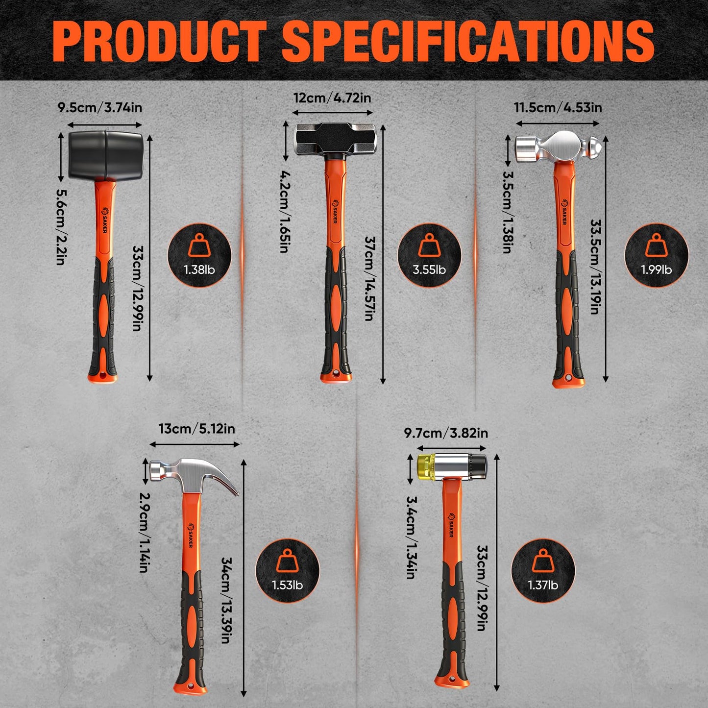 Saker 5-Piece Hammer Set,3lb Sledge Hammer,16oz Rubber Mallet, 16oz Ball Peen Hammer & Claw Hammer, 7oz Cross Peen Hammer for Home Repair & DIY Projects