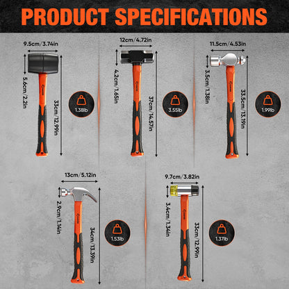Saker 5-Piece Hammer Set,3lb Sledge Hammer,16oz Rubber Mallet, 16oz Ball Peen Hammer & Claw Hammer, 7oz Cross Peen Hammer for Home Repair & DIY Projects