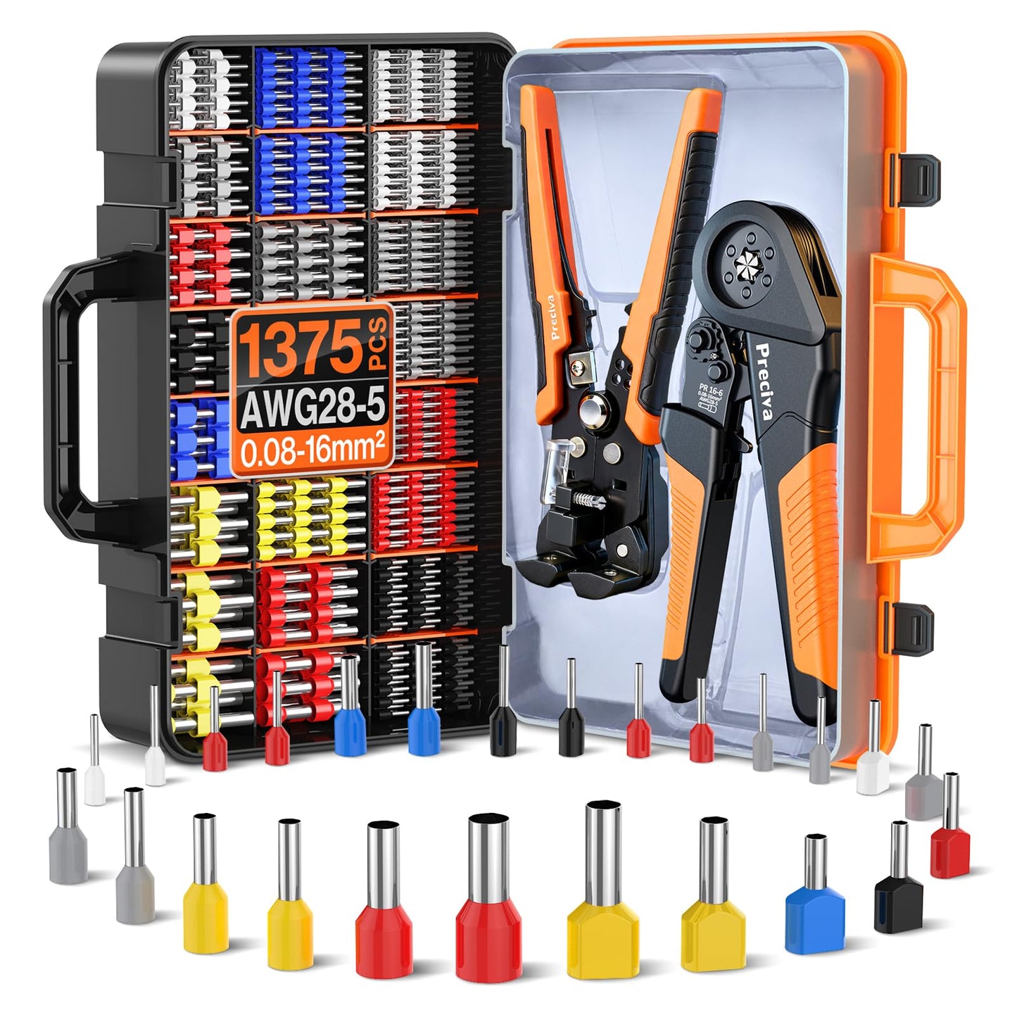 Preciva Ferrule Crimping Tool Kit - AWG 28-5 Hexagonal Ferrule Crimper with Automatic Wire Stripper and 1375Pcs Single/Twin Ferrule Connectors, Self-Adjustable Ratchet Ferrule Terminals Crimping Tool