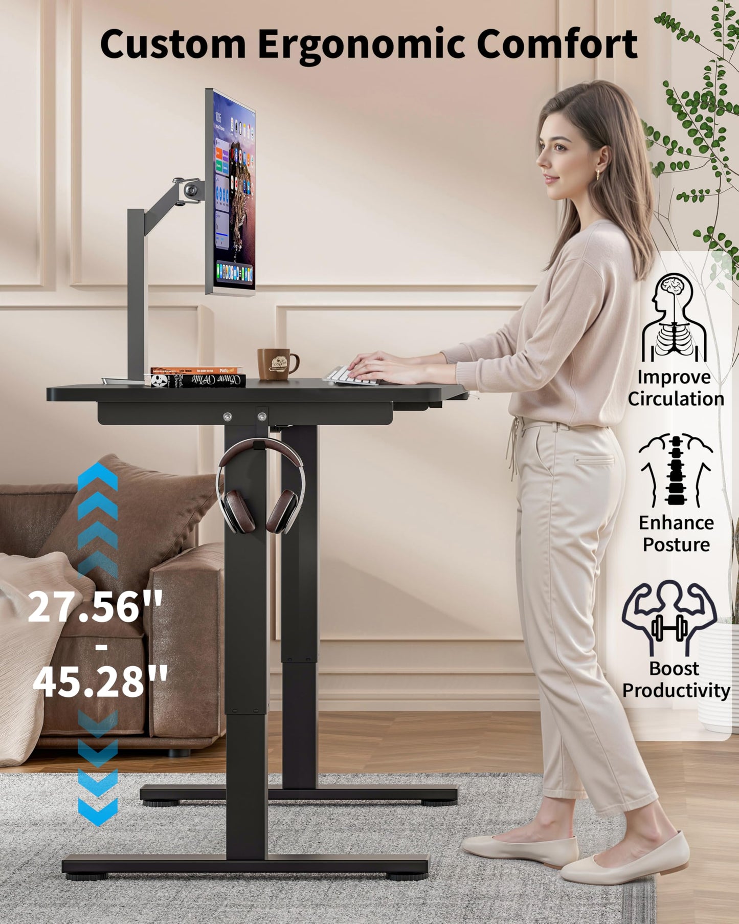 Okin Small Electric Standing Desk, 36" x 24" Whole Piece Height Adjustable Desk, Oak Sit to Stand Computer Workstation with Wheels for Home Office