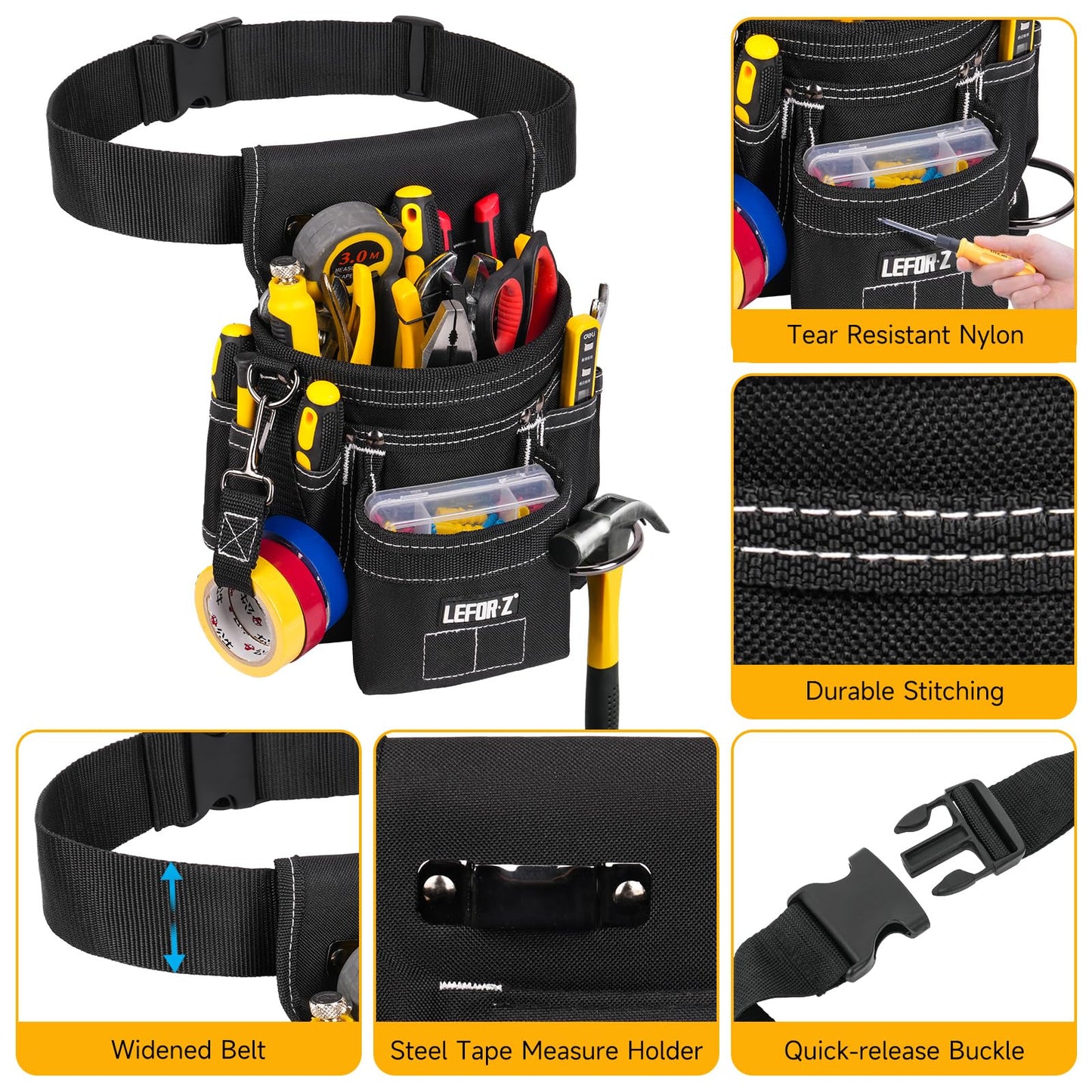 Tool Belt,Magnetic Tool Pouch,14-Pockets Tool Belts for Men,Detachable & Adjustable Tool Pouch belt for Electrician,Carpenter,Construction,Work Apron,Utility Belt,Black-Yellow