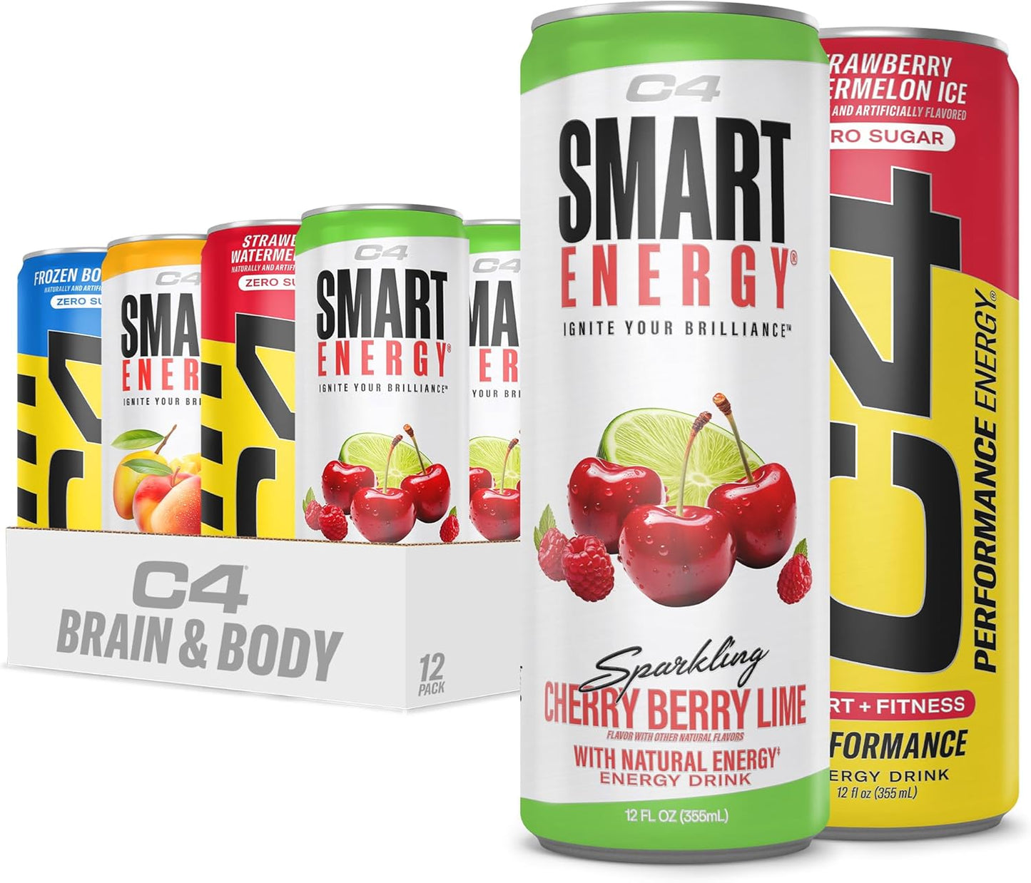C4 Smart Energy Drinks Variety Pack, Sugar Free Performance Fuel & Nootropic Brain Booster, Coffee Substitute or Alternative, 4 Flavor Berry Breeze Variety (Pack of 24)