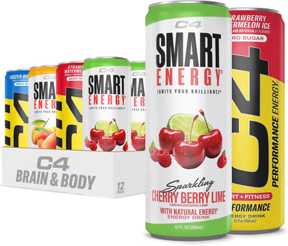 C4 Smart Energy Drinks Variety Pack, Sugar Free Performance Fuel & Nootropic Brain Booster, Coffee Substitute or Alternative, 4 Flavor Berry Breeze Variety (Pack of 24)