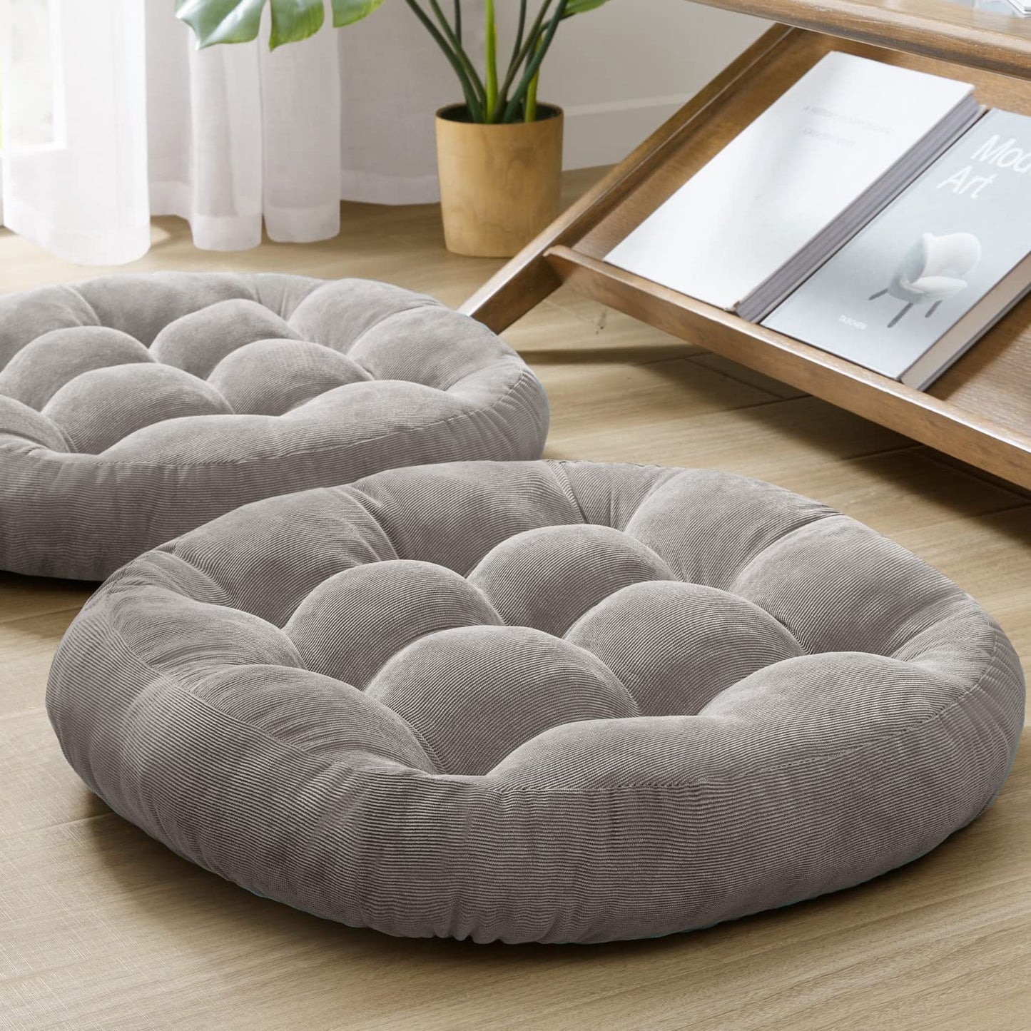 Meditation Floor Pillow Set of 2, Round Large Pillows Seating for Adults, Tufted Corduroy Cushion for Living Room Tatami, Beige 22 Inch