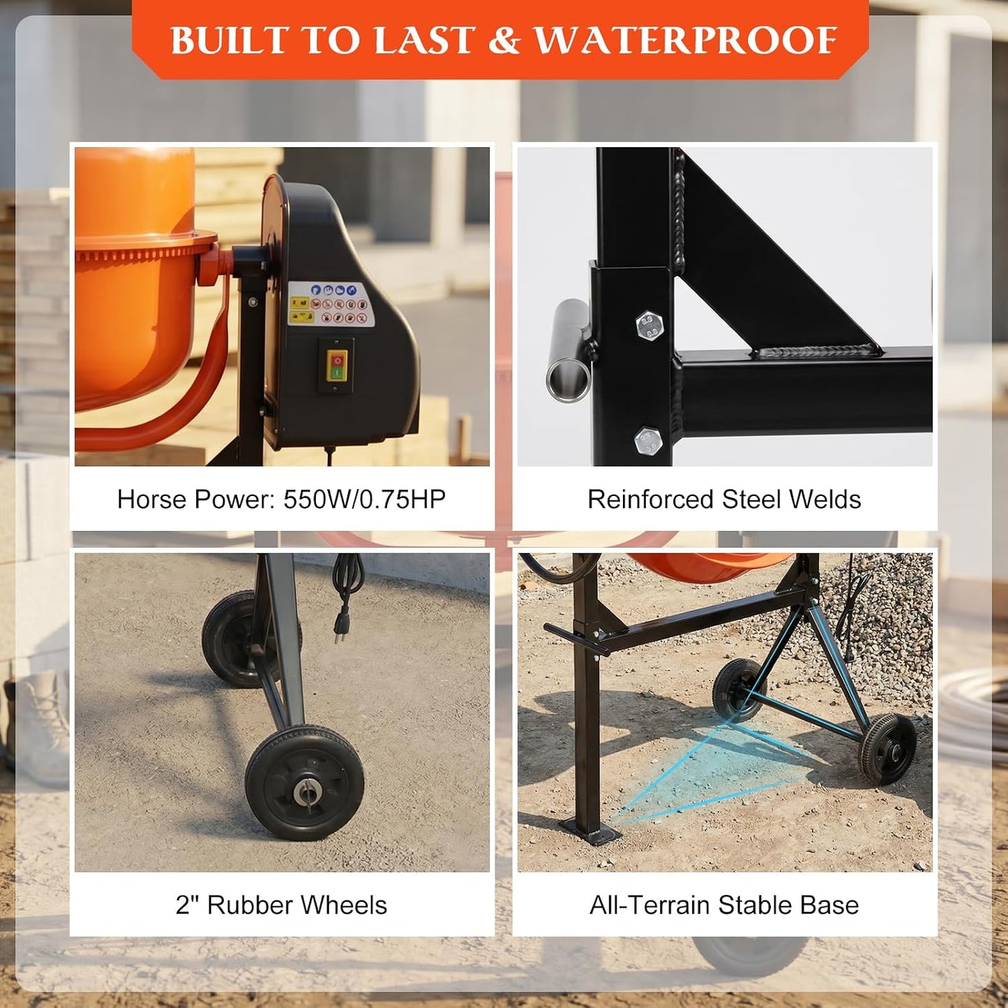 5 Cubic Ft Concrete Cement Mixer with Wheel and Stand,Electric ConcreteMixer 0.75 HP 550W Adjustable Tilt, Portable Heavy Concrete Mud Mixer Toolsfor Mortar Stucco Seeds and Fodder