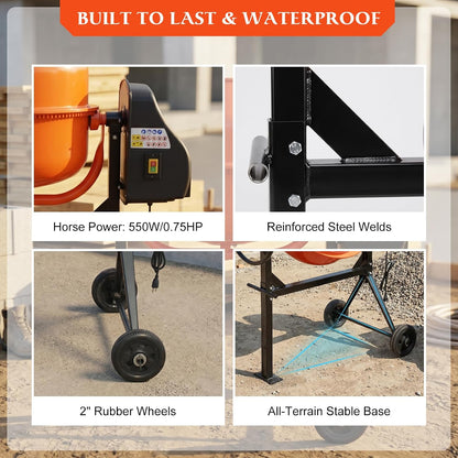 5 Cubic Ft Concrete Cement Mixer with Wheel and Stand,Electric ConcreteMixer 0.75 HP 550W Adjustable Tilt, Portable Heavy Concrete Mud Mixer Toolsfor Mortar Stucco Seeds and Fodder