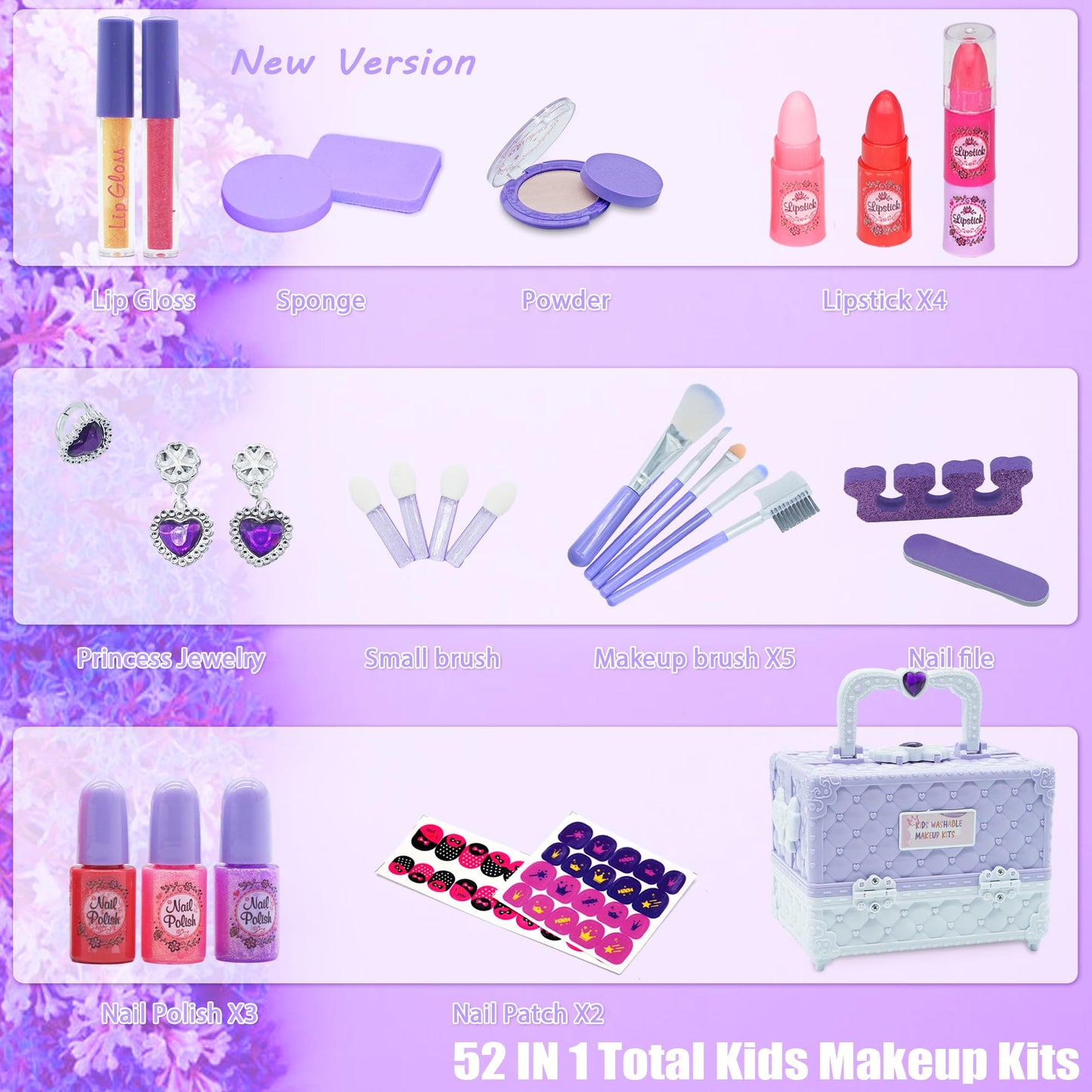 Kids Makeup Kit for Girl - 52 PCS Safe and Washable Makeup for Kids, Real Girls Makeup Kit, Toddler Makeup Kit with Cosmetic Case, Girls Toys Age 4-12, Princess Toys Birthday Gifts for Girls