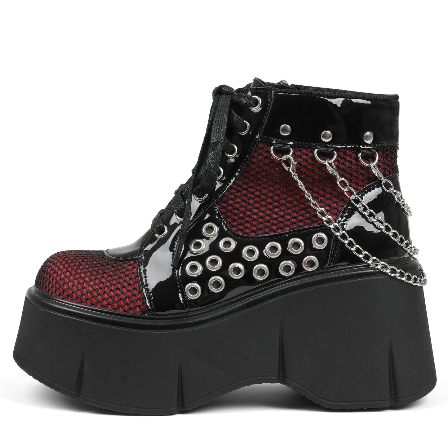 Women's Black Platform Boots Wedge Goth Round Toe Lace Up Chain Mesh Punk Combat Ankle Booties