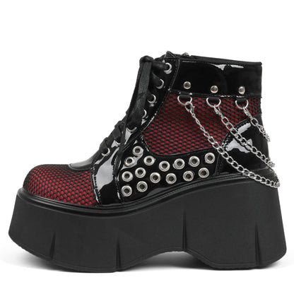 Women's Black Platform Boots Wedge Goth Round Toe Lace Up Chain Mesh Punk Combat Ankle Booties