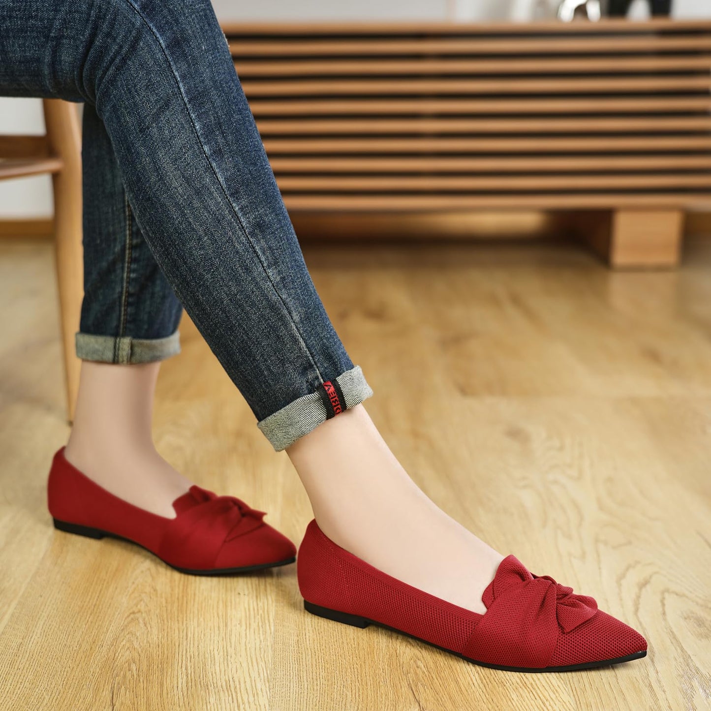 HIULYCENCE Flats for Womens Pointed Toe Ballet Flats with Bow Comfortable Knit Dressy Flats