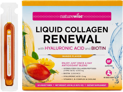 NatureWise Hydrolyzed Liquid Collagen for Women & Men 4000mg - High Absorption, Type 1 & 3 Peptides with Biotin + Vitamin C + Vitamin B Complex & Hyaluronic Acid -Mixed Berry - 10 Tubes[10 Day Supply]