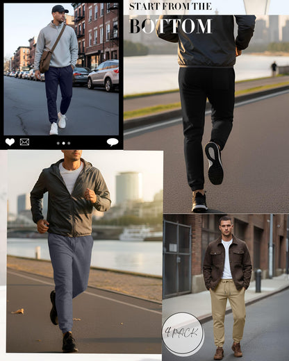 August Alley 4 Pack Mens Athletic Joggers Gym Workout Running Sweatpants Lounge Drawstring Track Sweat Pants with Pockets