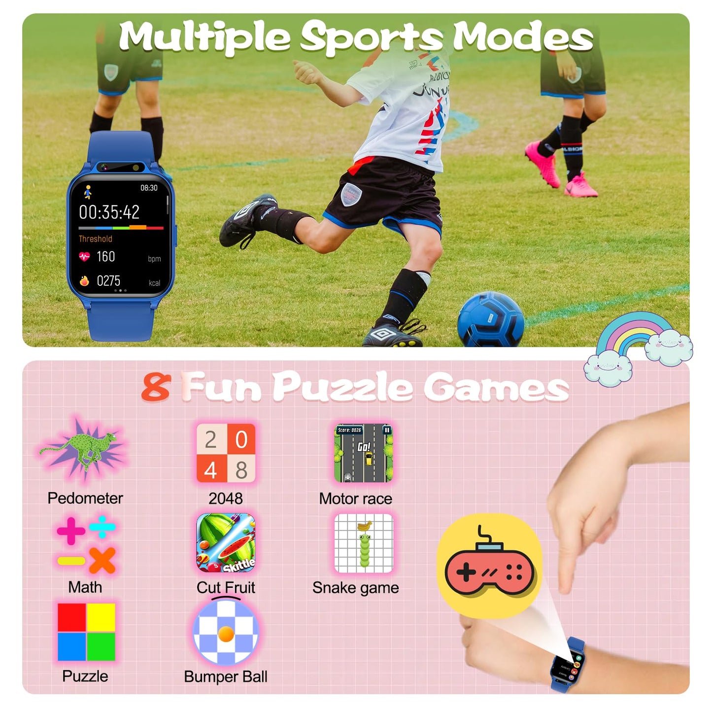 Smart Watch for Kids, 1.85" Fitness Tracker with Heart Rate, Sleep Monitor, IP68 Waterproof Smartwatches with Video Music, Pedometer, Game, NO APP/Phone, Gift for Boys Girls. (Classic, Black)