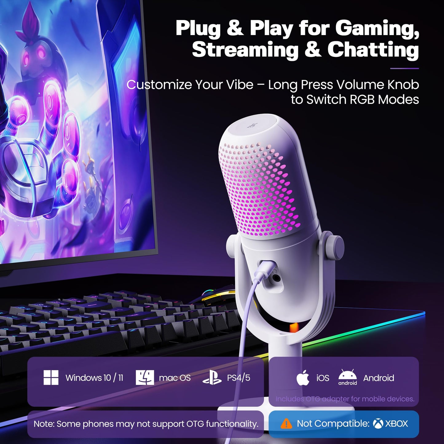 USB Microphone for PC Gaming: Condenser Microphone RGB for Gamer with Stand Mic - Recording Mic for Computer&Laptop with Qiuck Mute - Desk Podcast Mic for Podcast & Singing & Streaming & Youtube Black