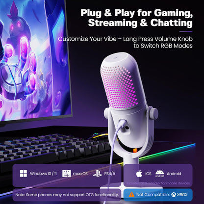 USB Microphone for PC Gaming: Condenser Microphone RGB for Gamer with Stand Mic - Recording Mic for Computer&Laptop with Qiuck Mute - Desk Podcast Mic for Podcast & Singing & Streaming & Youtube Black