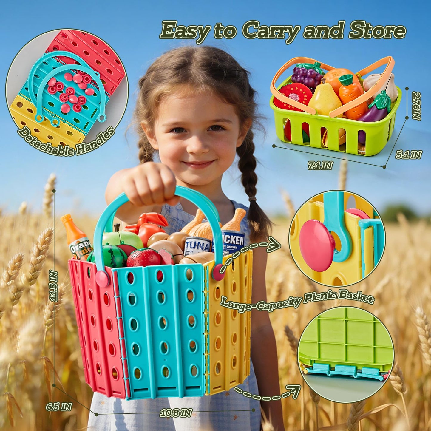 LAUGIGLE Pretend Play Food for Kids Kitchen, 78Pc Cutting Toy Food with Storage Bag