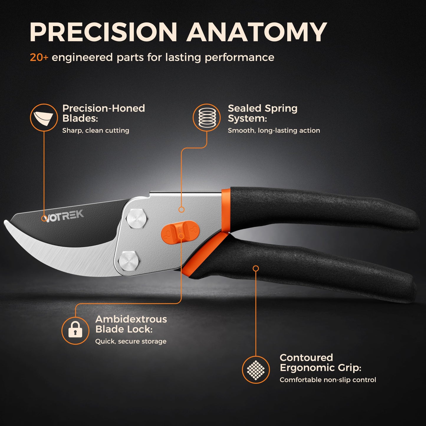 VOTREK® Pruning Shears, 8.5” Professional Garden Pruner with Jam-Proof Spring & Ever-Sharp SK5 Blade, Ergonomic Bypass Clippers for Rose, Tree Trimming, Heavy Duty Bonsai Scissor for Weak Hand