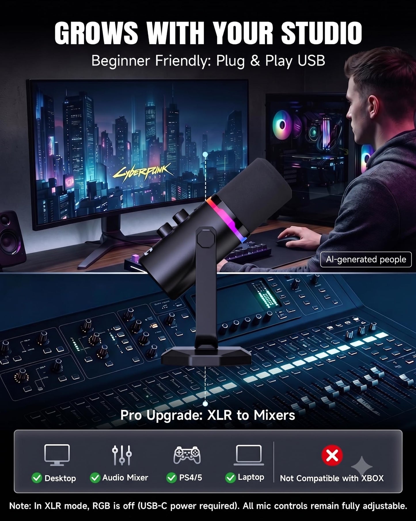 AOC USB/XLR Dynamic Microphone for PC Gaming, Podcast & Recording, Dual-Mode RGB Mic& Streaming Vocal Gear with Heavy-Duty Desk Stand, Clicky Mute, 7.5ft USB & 6.5ft XLR Cables Included