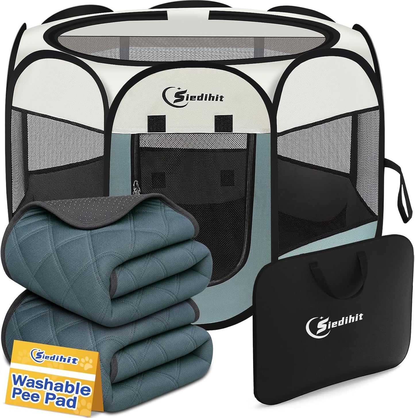 Siedihit Dog Cat Playpen, Puppy Pet Playpen Indoor for Small Dog Crate Tent Cage Outdoor, Portable Pop Up Dogs Enclosure Kennel with Carrying Case for Dogs/Cats/Rabbits(Grey, Small
