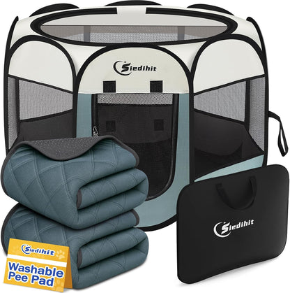 Siedihit Dog Cat Playpen, Puppy Pet Playpen Indoor for Small Dog Crate Tent Cage Outdoor, Portable Pop Up Dogs Enclosure Kennel with Carrying Case for Dogs/Cats/Rabbits(Grey, Small