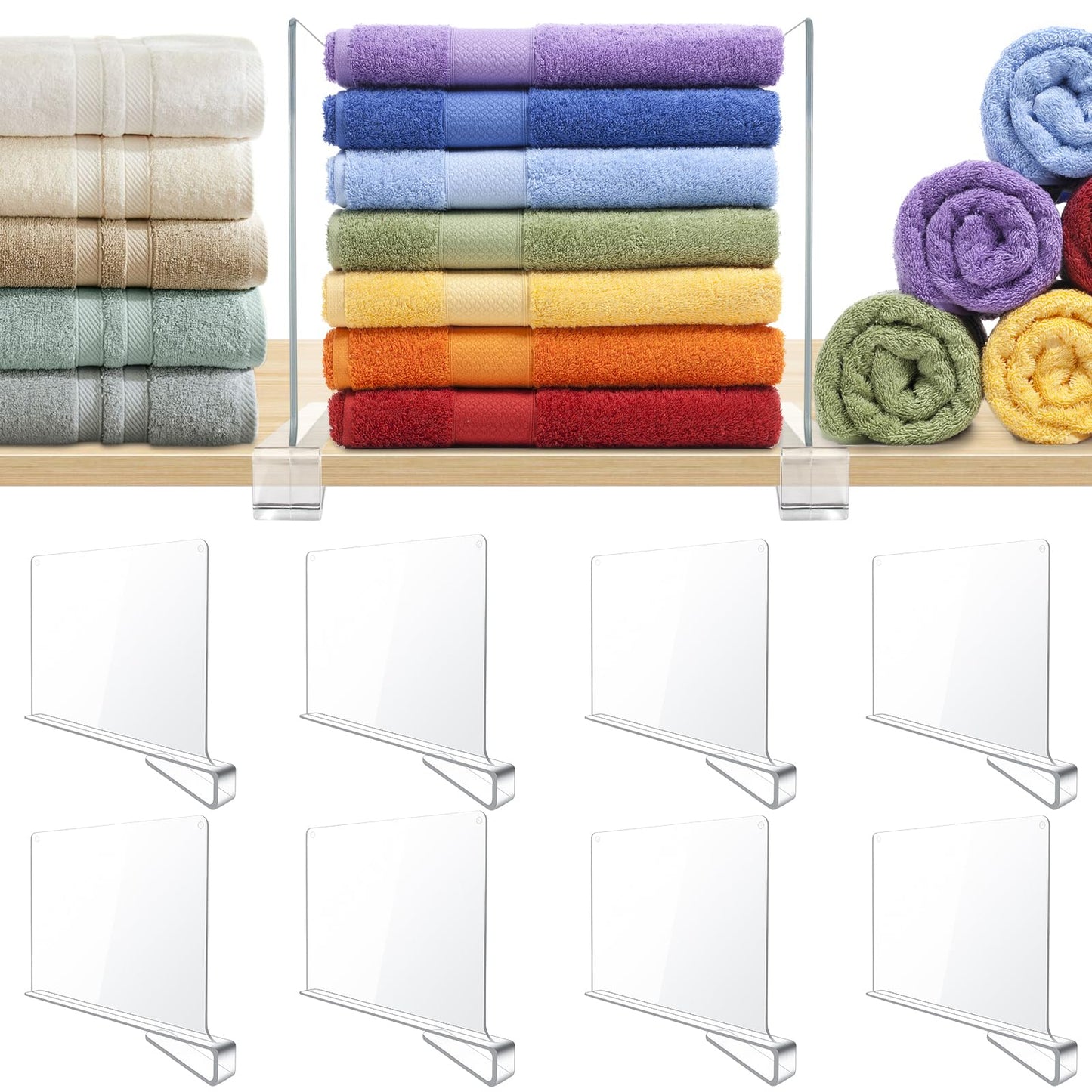 BAUMFEUER 12 Pack Clear Acrylic Shelf Dividers for Closet Shelf Organizer of Bedroom Kitchen Office Bathroom Organizer for Clothes Books Hats and Handbags