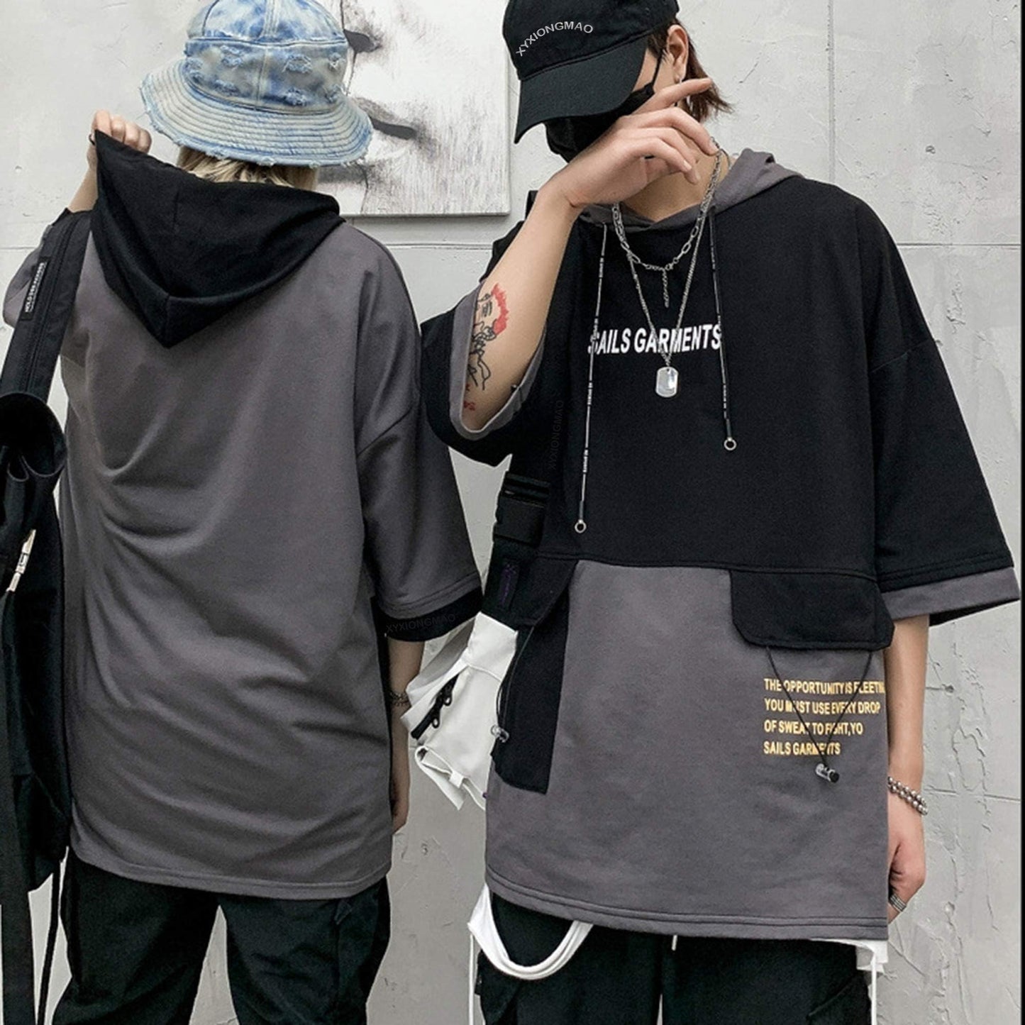 XYXIONGMAO Hooded T-Shirt Loose Large Pockets Colorblock Hoodie Unisex Streetwear Techwear Tee Shirts for Men