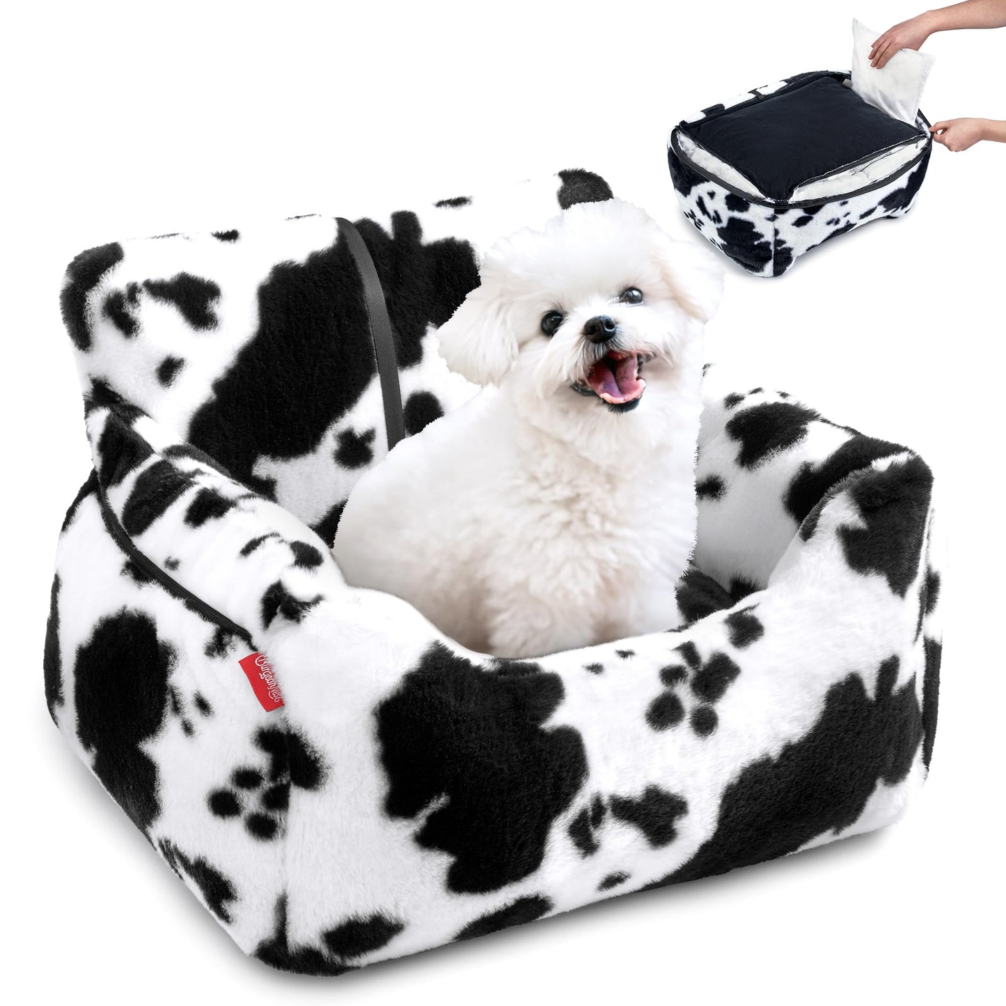 BurgeonNest Dog Car Seat for Small Dogs, Soft Pet Car Travel Home Bed Under 25 lbs, Fully Detachable and Washable Cat Booster Carseats with Storage Pockets and Clip-On Leash Portable Carrier,Black